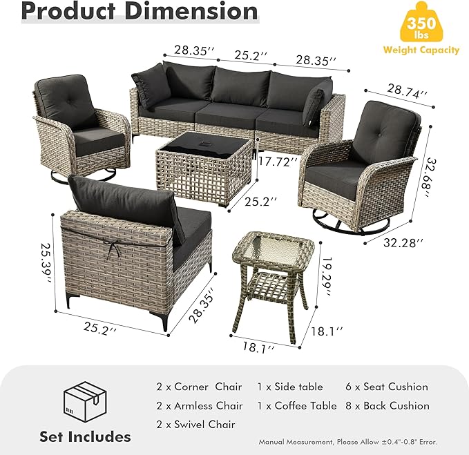 HOOOWOOO Outdoor Patio Furniture Set,8 Pieces Wicker Out Door Sectional Furniture L Shaped Couch,Patio Conversation Sets with Swivel Rocking Chair LED Table,Black