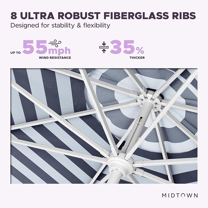 Midtown Umbrellas The Swilt 9 Feet Patio Umbrella in Terylast Navy Stripes (Navy/White) Polyester Fabric - Fiberglass Ribs, Auto-Tilt Aluminum Frame For Backyard, Deck, Garden, Pool - White Pole