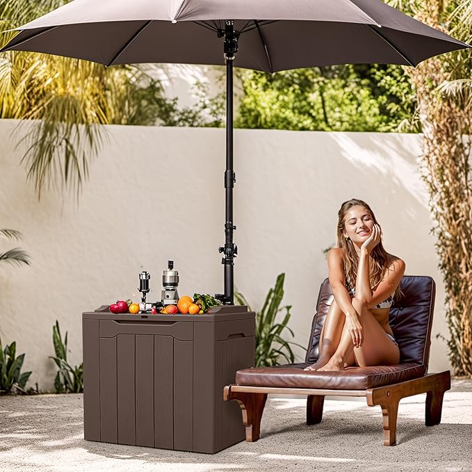 Devoko 31 Gallon Waterproof Outdoor Storage Box Resin Deck Box Lockable and UV Resistant for Patio Furniture,Garden Tools (Brown)