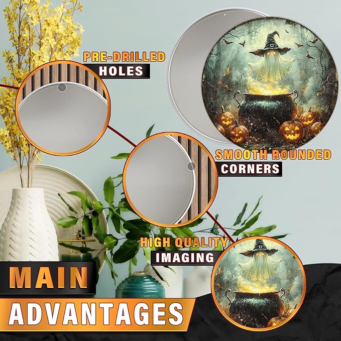 PEACHGARDEN Round Halloween Spooky Ghost With Witch Hat Wreath Vintage Sign Halloween Pumpkin Metal Tin Sign for Home Bar Kitchen Hotel Dining Room Coffee 12x12inch