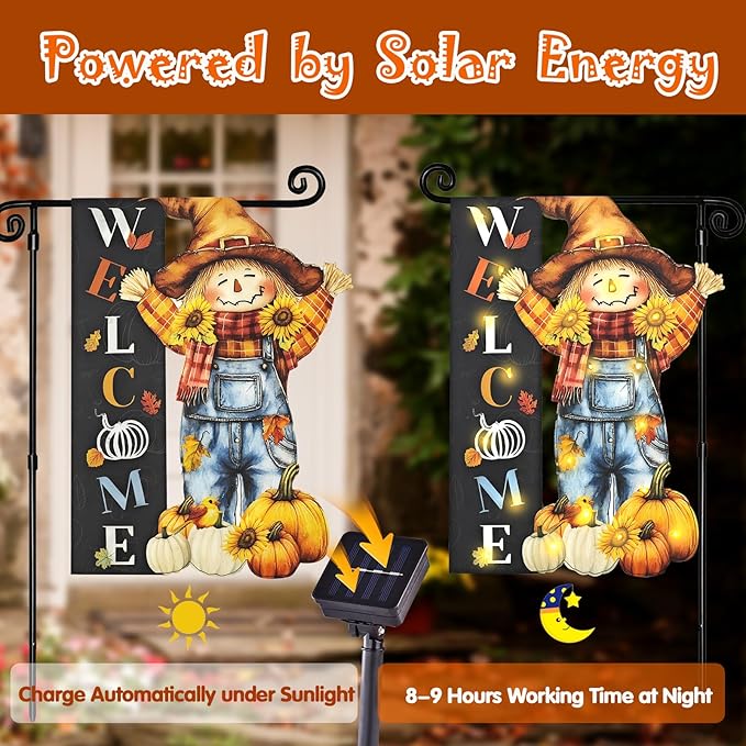 Thanksgiving Lighted Garden Flag, Solar Fall Outdoor Decor Yard Flag,8 Modes 12x18 Double Sided Led Scarecrow Flag Decorations for Home Porch