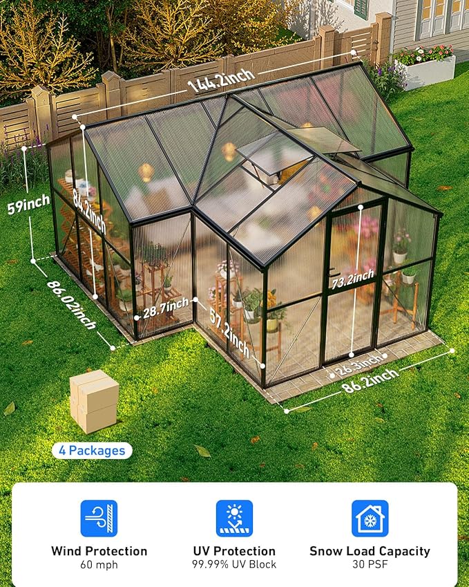 12×12FT Green Houses for Outside, Large Walk-in Greenhouses for Outdoors and Winter Garden Planting, Enhanced Aluminum Greenhouse Kit Withstands Strong Wind to Protect Vegetables or Plants