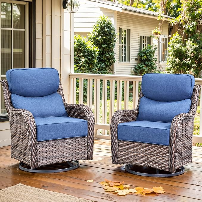 Luxury Outdoor Swivel Rocker Patio Chairs Set of 2, High Back Swivel Patio Chairs with 6-Inch Thick Cushions, Wicker Outdoor Glider for Porch, Yard, Deck, Poolside, Brown/Blue
