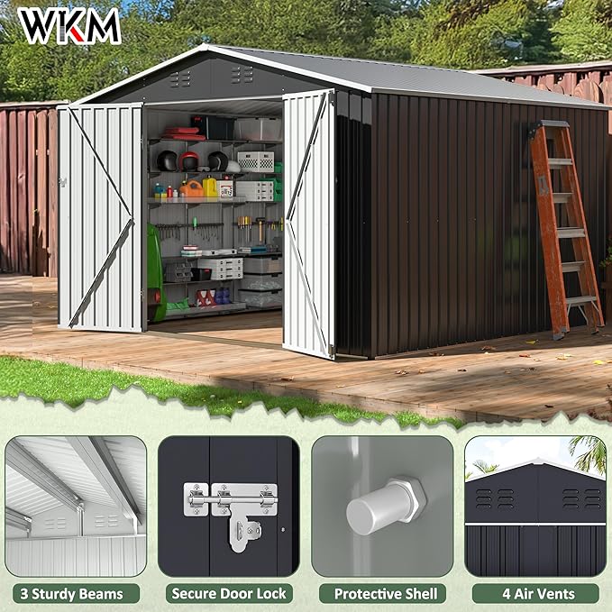 WKM 10x10 FT Outdoor Storage Shed, Utility Metal Tool Storage with Lockable Doors and Updated Frame Structure, Metal Garden Shed for Backyard, Patio Lawn, Black