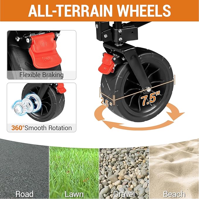 Taifa Longer Foldable Collapsible Double Decker Wagon Cart, Heavy Duty Portable Beach Utility Grocery Wagon Cart with Big Wheels and Brakes for Sand, Camping Outdoors, Grey