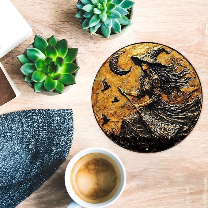PEACHGARDEN Round 2D Halloween Witch Broom Vintage Sign Halloween Witch Metal Tin Sign for Home Bar Kitchen Hotel Dining Room Coffee 8x8inch