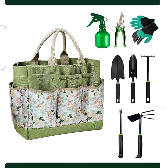 Gardening 9-Piece Heavy Duty Carbon Steel Gardening Tool Set – Rust-Proof, Ergonomic Non-Slip Handles with Durable Storage Tote Bag – Ideal Garden Gift by BRSS