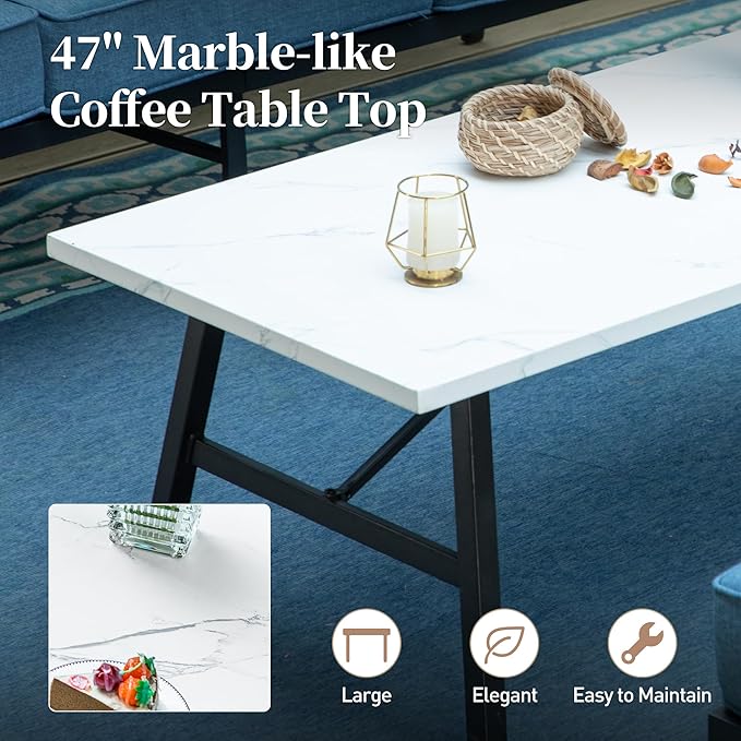 6 Piece Metal Outdoor Patio Furniture Set, Patio Conversation Set 3-Seater Sofa, 2 Rocking Chair, 2 Leg Chair with 5.75" Thick Cushion and Coffee Table, Backyard Furniture Set, Blue-2