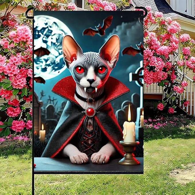 Halloween Garden Flag 11.81 x 17.72 Inch Vampire Sphynx Cat with Red Eyes Fangs Bats Full Moon and Graveyard Outdoor Yard Decoration for Holiday Party