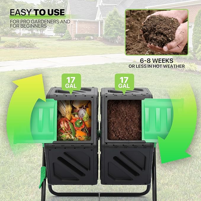Magshion 34 Gal Dual Chamber Compost Tumbler from BPA Free Material, Outdoor All-Season Fast-Working High Volume Composter Tumbling Bin, Sliding Doors