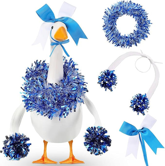 3 Pcs Cheerleader Porch Goose Outfit Poseable Wings with Pom Poms Garland and Bow for 23" Lawn Cement Goose Football Halloween Garden Patio Yard Outdoor Classroom Decorations(Blue)