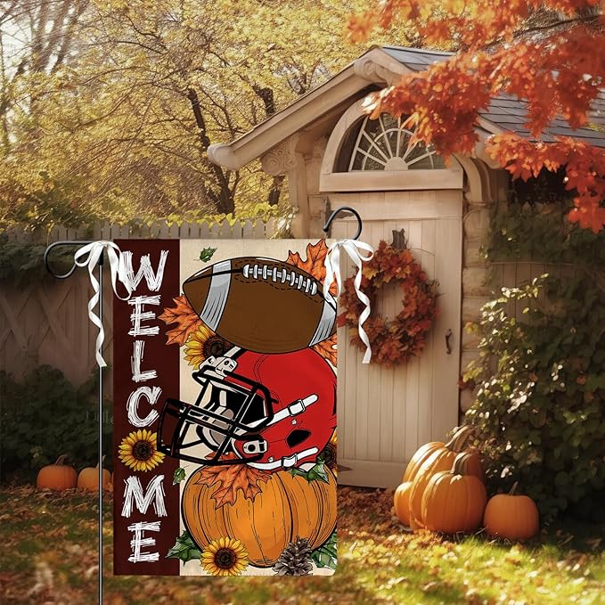 Fall Football Garden Flag Pumpkin Welcome Burlap Yard Flag Autumn Sports Game Sign House Banner Thanksgiving Seasonal Sunflower Garden Flags 12x18 In for Outdoor Lawn Farmhouse Outdoor Decor