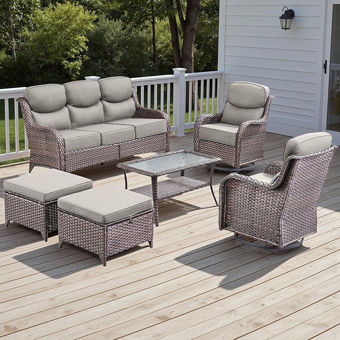 Wicker Outdoor Patio Furniture Set - 6 Piece Patio Conversation Sets with Swivel Rocker Chairs, Ottomans, Sofa and Table, 6 inch Cushions, Deep Seating, for Porch Deck Brown/Beige