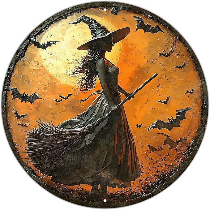 PEACHGARDEN Round 2D Halloween Witch Vintage Sign Halloween Witch Broom Metal Tin Sign for Home Bar Kitchen Hotel Dining Room Coffee 8x8inch