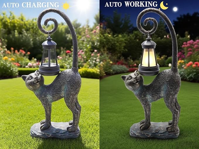 Solar Cat Outdoor Statues Halloween for Garden: Outdoor Decor Cat Figurine for Yard, Lawn, Patio, Porch, Balcony - Animal Art for Home Backyard - Birthday Gifts for Women Grandma Mom Sister