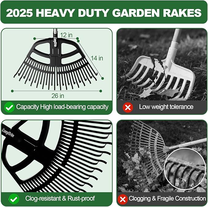 Adjustable Leaf Rake 30-65 Inch – 30 Tines Garden Rakes with Non-Slip Handle&Quick-Detach Head Lightweight Yard Rake for Wet Leaves, Pine Needles, Gravel
