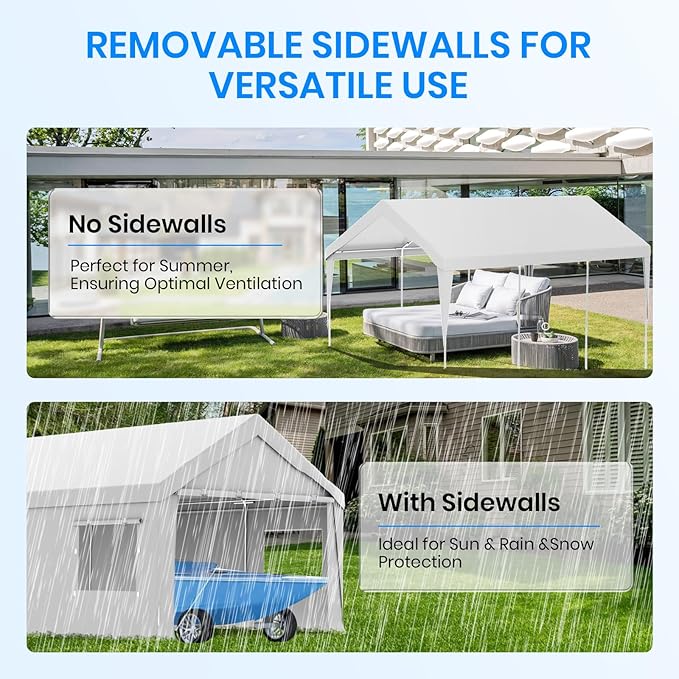 Carport 10x20 Heavy Duty Portable Garage,Carport Canopy with Roll-Up Windows & Doors,Portable Garage and Shelter with Removable Sidewalls,Car Tent Garage with All-Season Tarp for Truck Bike Lawnmower