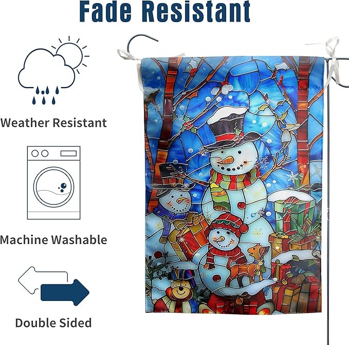 Stained Glass Snowman Garden Flag Merry Christmas Flag Hello Winter Yard Flag Happy Holidays Flag for Outside Welcome New Year Outdoor Flag 12x18 Double Sided, wintersnowman