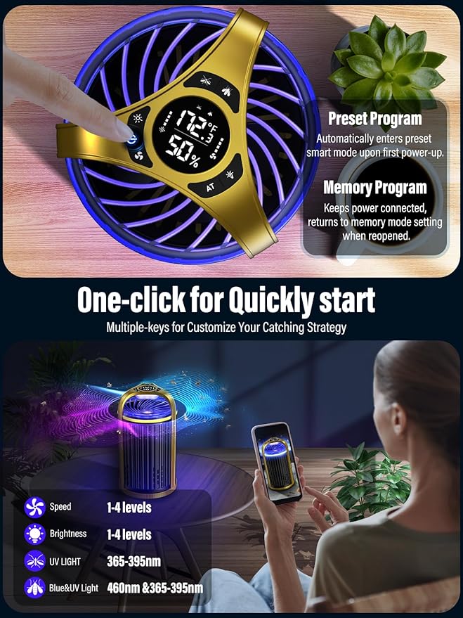 Fly Trap Indoor, CreateFun 2025 New Gnat Traps for House Indoor, Bug Light Trap Mosquitoes Fruit Fly Trap for Plants Bug Zapper with 10 PCS Refills - Gold & Black