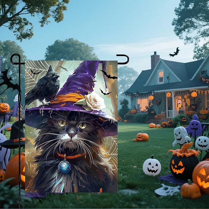 IVN Halloween Garden Flag 12x18 Inch Double Sided Witch Cat Raven Pumpkin Bat Fall Outdoor Flag for Yard Porch House Lawn Decoration Spooky Seasonal Holiday Banner