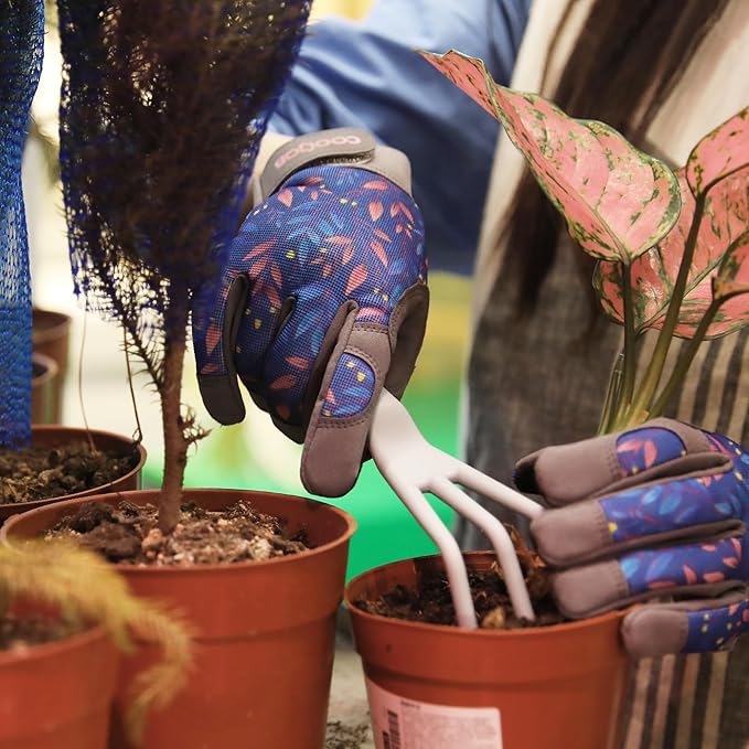 COOLJOB Small Gardening Work Gloves for Women Ladies, Thorn Proof for Rose Pruning, Cactus Handling, Blackberry Bush Planting, Puncture Resistant Anti-Slip Flexible, 1 Pair S Blue Flower