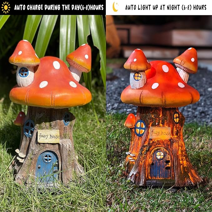 COWOS Mushroom House Sculptures, Collection of Resin Garden Sculptures, Resin Fairy House Statue, Solar Fairy Garden Figurine with Warm White Light Mushroom for Outdoor, Lawn, Yard Decoration