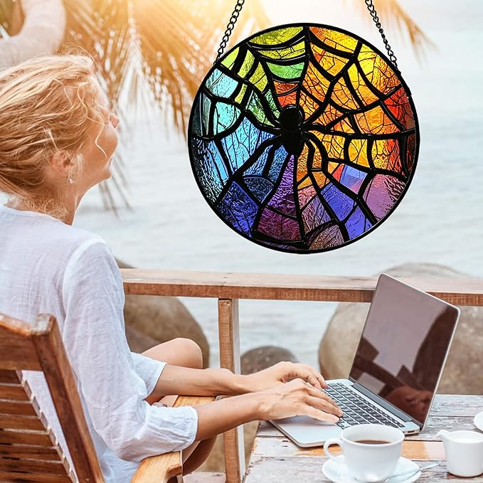 Stained Glass Suncatcher, Colorful Spider Sun Catcher Black Insect Stain Glass Window Hanging Decoration Mother's Day Birthday Gifts for Women Men Mom Nana 7.8 in