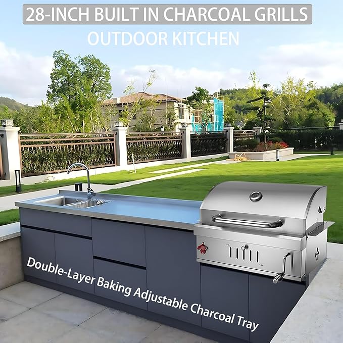 28 Inch Built In Charcoal Grills, Stainless Steel Charcoal bbq Grill Built In with Liftable Charcoal Tray, Rain Fabric cover, Insulated Hood and Temperature Gauge, for Outdoor Camping, Cooking
