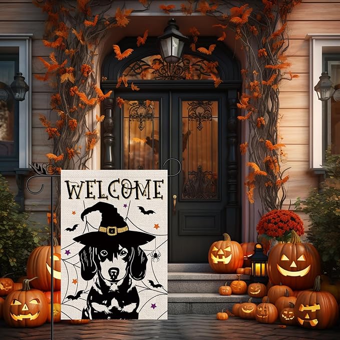 Halloween Garden Flag Dachshund Cobweb Bats Double Sided Vertical Welcome Flag Seasonal Holiday Outdoor Yard Lawn Party Decorations 12.5 x 18 Inch