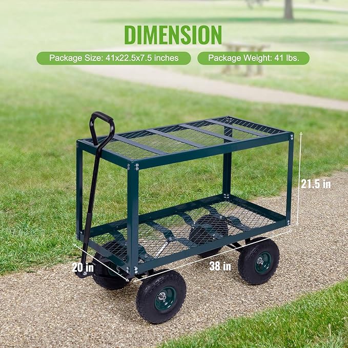 Backyard Expressions 2-Tier Heavy Duty Steel Garden Cart with Mesh Shelves and Pneumatic Wheels – Utility Wagon for Lawn, Yard, Landscaping & Outdoor Projects
