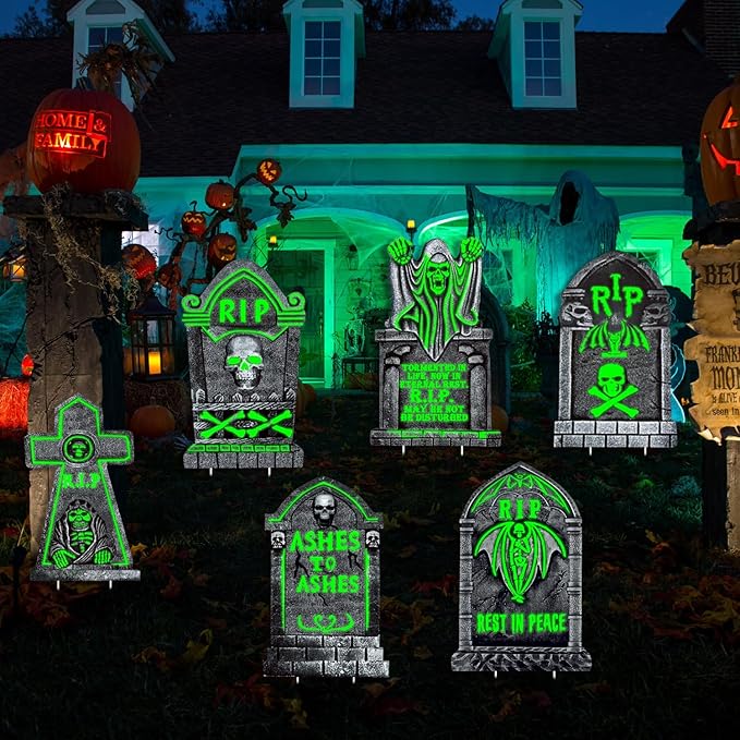 6 Pack Glowing in The Dark Halloween Tombstones Decoration for Graves, 16.5"x10" Large Outdoor Graveyard Decor Waterproof Plastic Grave Markers with 12 Stakes for Yard, Lawn Cemetery Displays