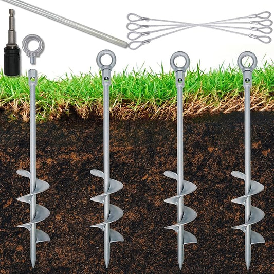 18 inch Ground Anchor Heavy Duty Earth Anchors Screw in Set for Mobile Home, Swing, Trampoline Tent Anchors Wind Resistant Tree Stakes and Supports with Drill Socket, 4 Pack