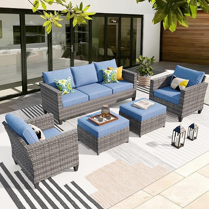 ovios Patio Furniture Set, 5 Pieces Outdoor Wicker Sofa Couch with Chairs, Ottomans and Comfy Cushions, All Weather High Back Rattan Conversation Set, Denim Blue