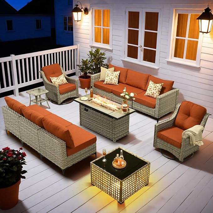 HOOOWOOO Outdoor Patio Furniture Set with Fire Pit Table,11 Pieces Wicker Out Door Sectional Furniture L Shaped Couch,Outside Patio Conversation Swivel Chair Sets,Brick Red