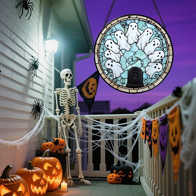 Stained Glass Window Hanging - Halloween Decorations Ghosts Tombstones Suncatcher for Doors Garden Indoor Spooky Funny Sun Catchers Gothic Decor Horror Gifts for Women Men Friend 9.8 in