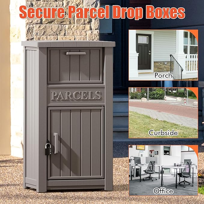 Outdoor Package Delivery Box for Outside -Lockable Anti-Theft Parcel Drop Box Deck Box & Porch Storage Box, Package Drop Box for Outside Deliveries, Curbside Outdoor Storage Box Grey