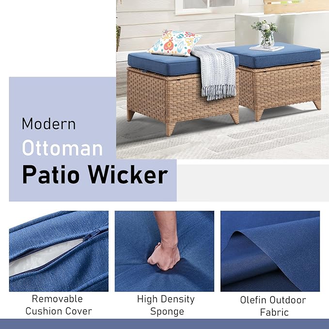 Wicker Outdoor Conversation Set-6 Pieces Outdoor Wicker High Back Couch with Swivel Rocker Chairs Patio Furniture for Deck Poolside Backyard-Yellow/Blue