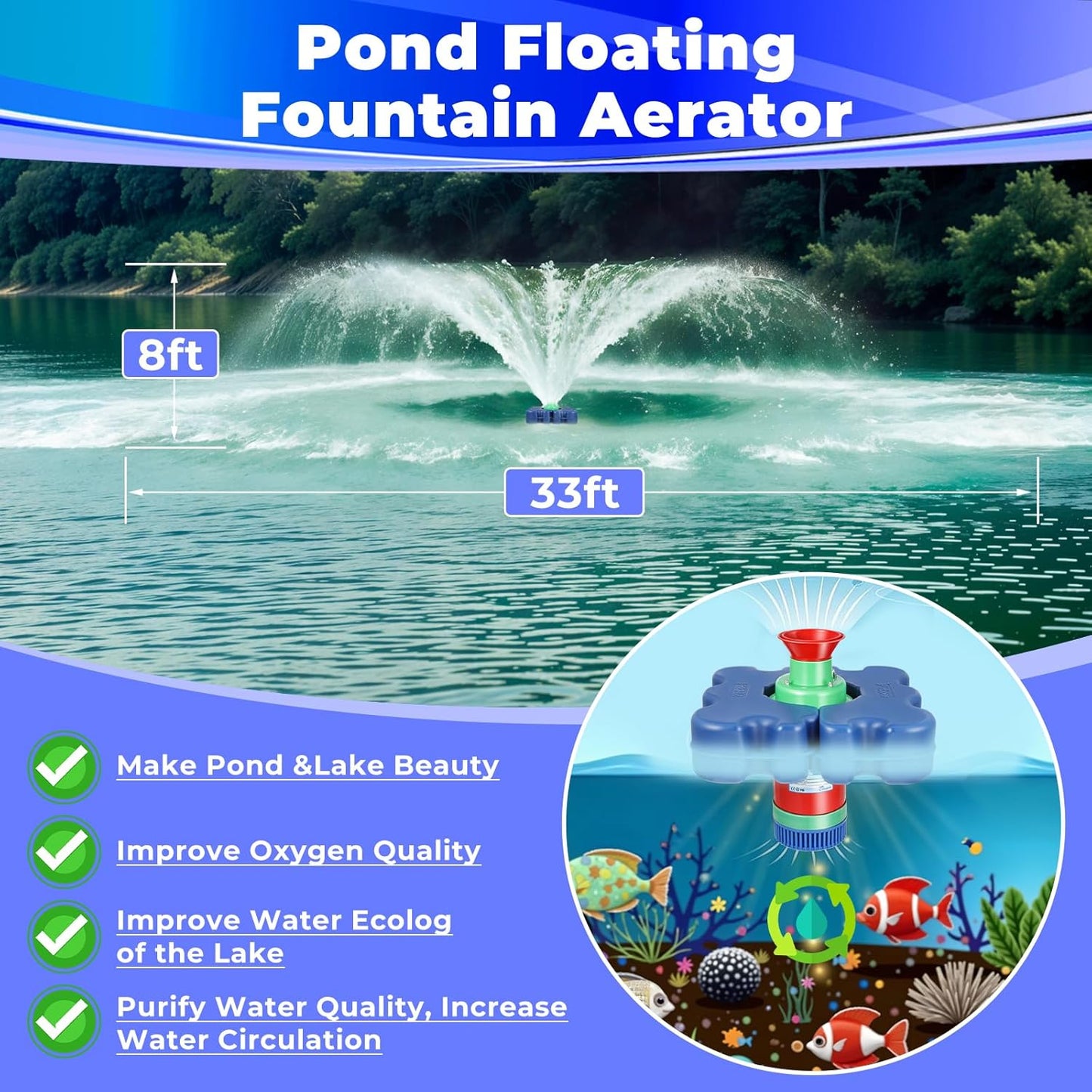 Pond Fountain Aerator with Time Controller-15000 GPH,110V 1HP 750W Floating Fountain Aeration System for Large and Small Ponds,Aerator Water Pump for Outdoor Ponds & Lakes with 15A/100FT Power Cord