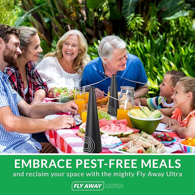 Fly Away Ultra - 2 Pack Rechargeable Outdoor Fly Fans for Tables with Ultrasound, Outdoor or Indoor Tabletop use, Restaurant, Barbeque, Events, Deter Flies, Wasps, Bees, Moscas and Bugs, Hanging Hook.