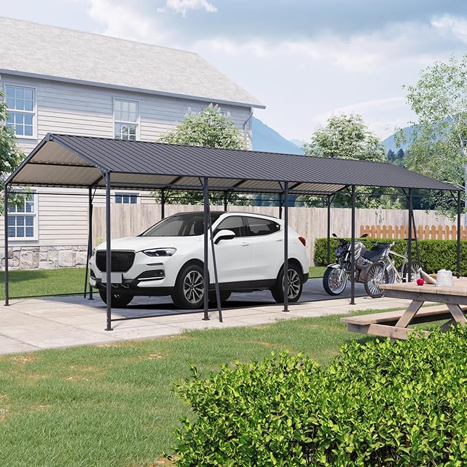 Carport, Heavy Duty Carport with Galvanized Steel Roof and Frame, Metal Large Garage with 4 Fixed Inclined Square Tube Supports (13 * 26.5 FT)