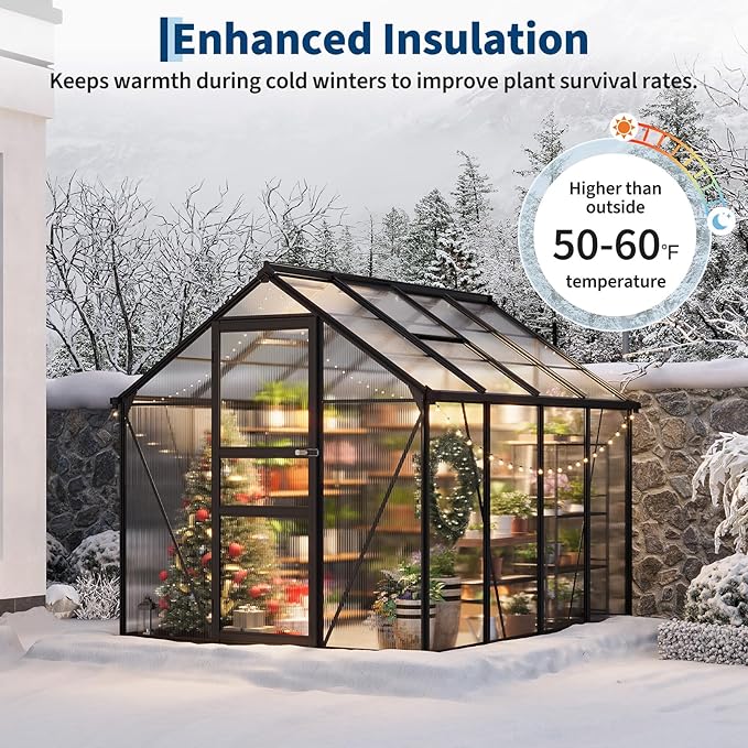 6x8FT Polycarbonate Greenhouse - Walk-in Outdoor Aluminum Frame Greenhouse with Roof Vent, Lockable Push Door for Garden, Backyard, Patio & Lawn(Black)