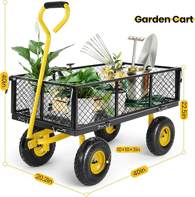 TEANDE Garden Cart, Heavy Duty 880 Lbs Capacity Mesh Steel Garden Cart with Removable Sides to Convert into Flatbed, Utility Metal Wagon with 180° Rotating Handle and 10 in Tires