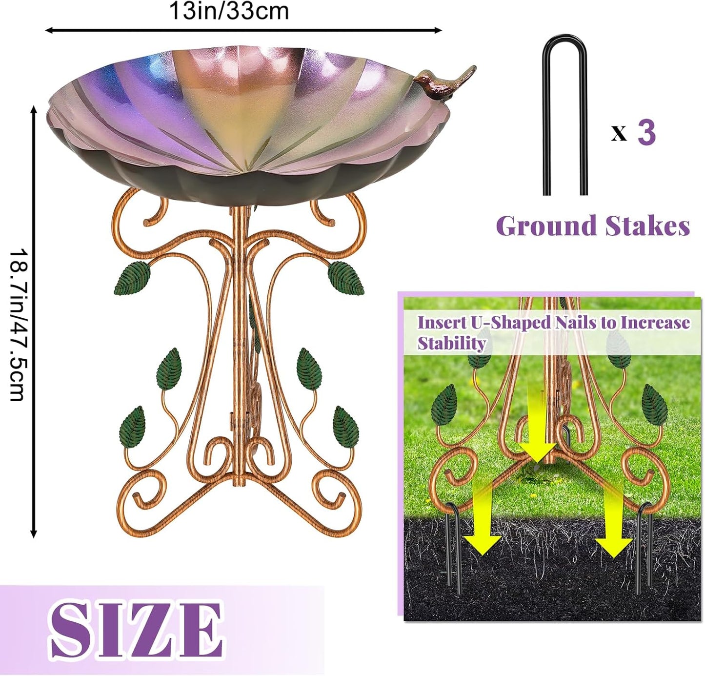 13" Diameter Vintage Metal Bird Bath, Birdbaths with Cast Iron Pedestal, Large Antique Bird Feeder for Outdoors Garden Patio Decor (Colorful Gradient)