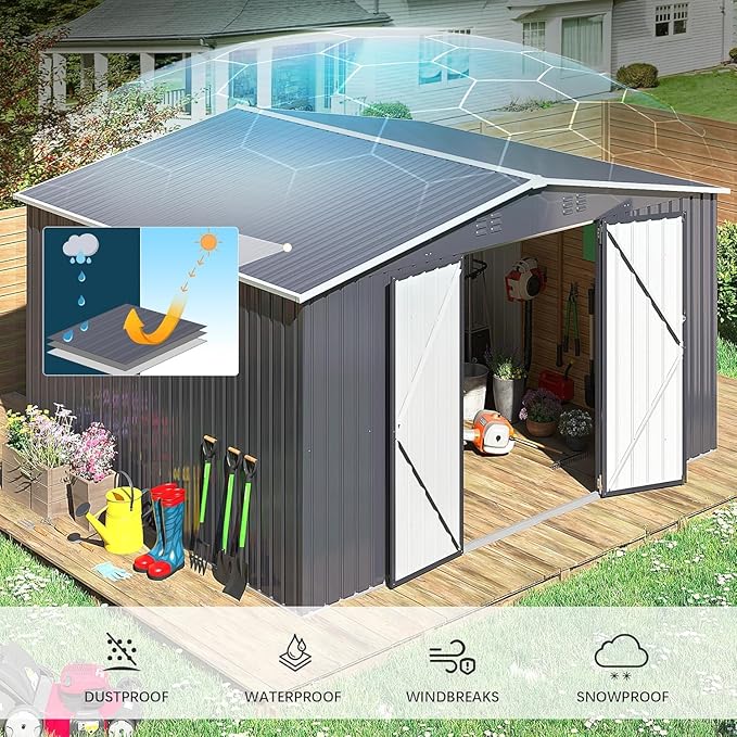 Polar Aurora Outdoor Storage Shed, Metal Garden Shed with Updated Frame Structure, Tool Sheds for Backyard Garden Patio Lawn (Black, 12x10 FT)