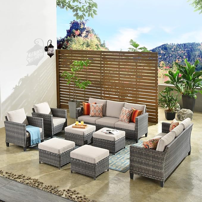 ovios Patio Furniture Set, 8 Pieces Outdoor Wicker Sofa Couch with Chairs, Ottomans and Comfy Cushions, All Weather High Back Rattan Conversation Set, Beige