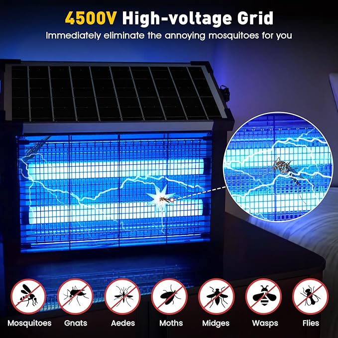 Bug Zapper Outdoor Solar Powered, Zwiran Mosquito Zapper Indoor with 4500V High Powered, Electric Fly Zapper with Extension Cord and Grounding Bracket, Rechargeable Waterproof Mosquito Killer