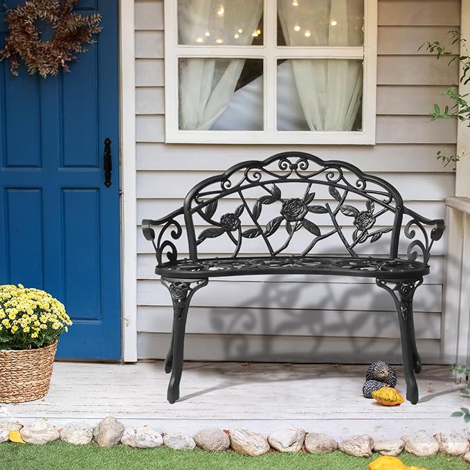 VINGLI 38.5" Patio Park Garden Outdoor Metal Rose Bench,Cast Iron Cast Aluminium Frame Antique Finish Chair,Accented Lawn Front Porch Path Yard Decor Deck Furniture for 2 Person Seat（Black
