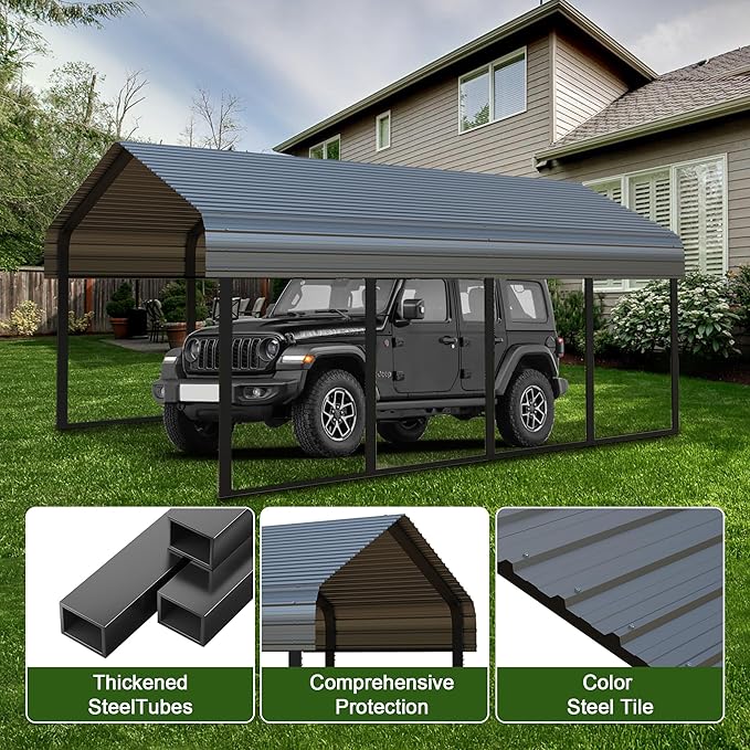 Metal 10x20 Ft Carport Canopy Heavy Duty RV Carports Kits for Garage,Aluminum Car Ports with Steel Shelter Frame Cover for 1 Car or Boats