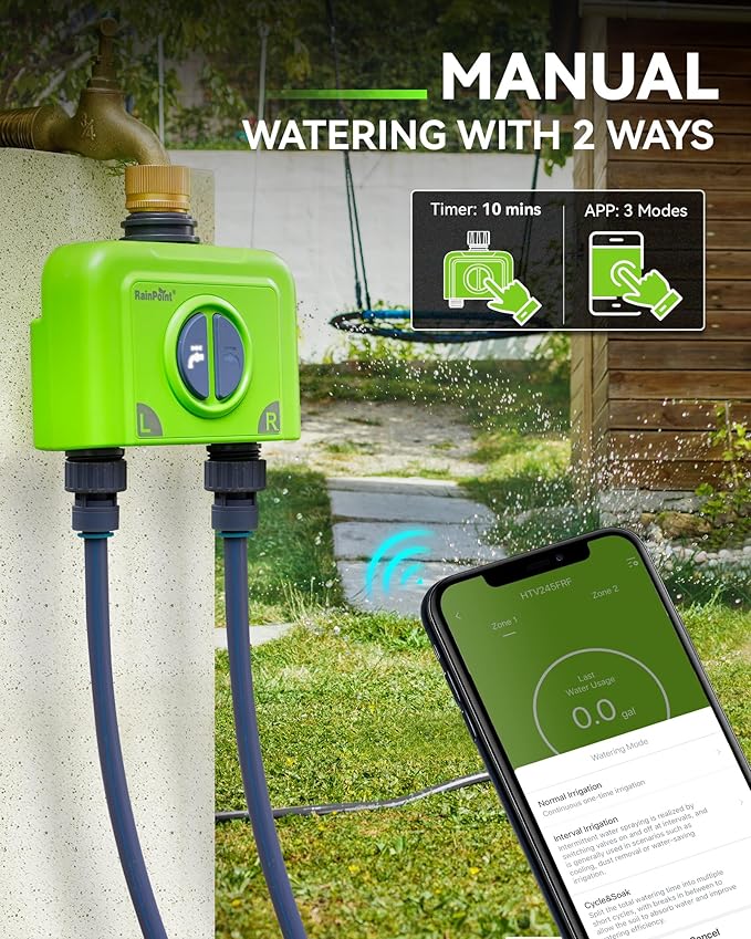 RAINPOINT WiFi Water Timer for Garden Hose, Brass Inlet 2 Zone WiFi Sprinkler Controller, Smart Hose Timer Valve with Ethernet Gateway, Rain Delay for Garden/Lawn (Support WiFi & Ethernet Connection)