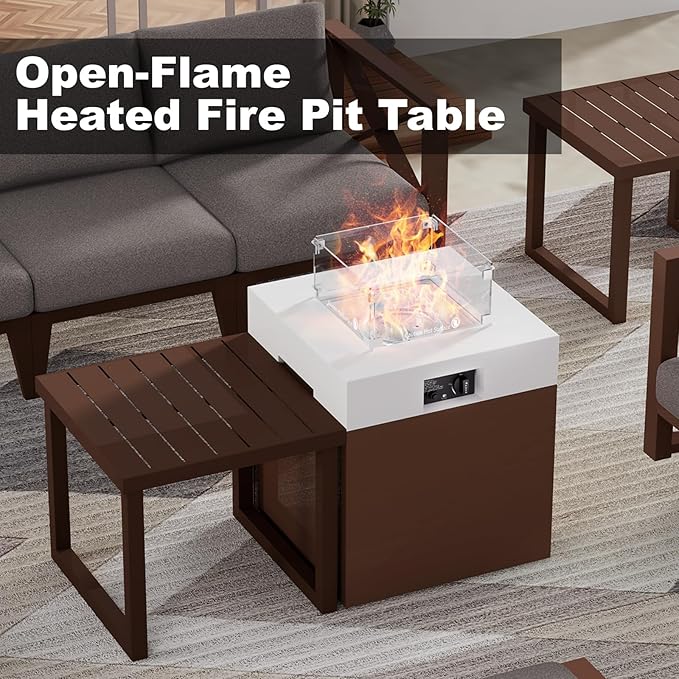 MBY 22" Aluminum Fire Pit Table, 37,000 BTU Gas Firepit for Outdoor Patio Deck and Garden, CSA Certified Fire Pit with Lid, Waterproof Cover, Glass Wind Guard and Glass Stone, Brown